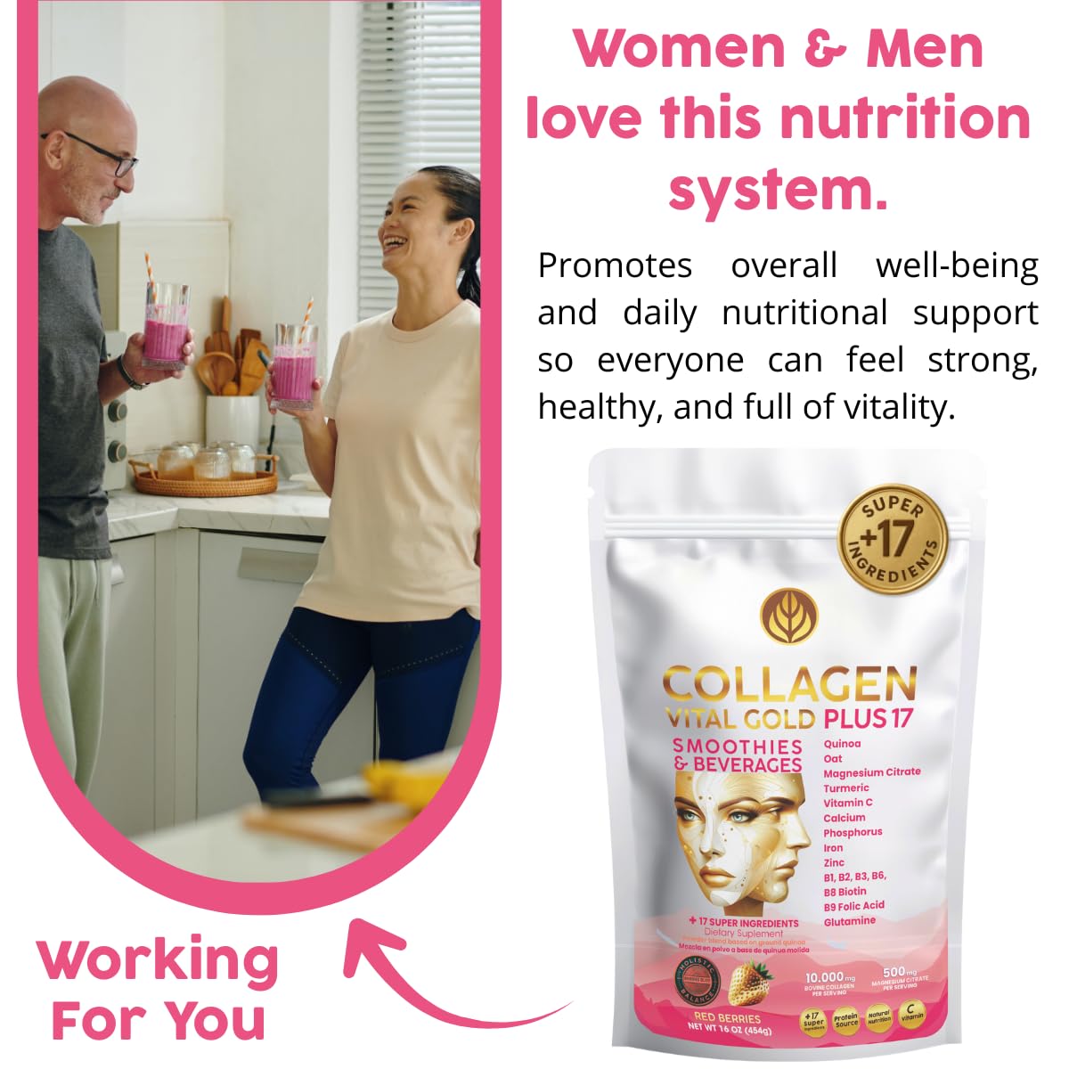 Gold Vital Life Collagen Peptides Powder - Hydrolyzed Collagen with +17 Super Ingredients, Red Berries Flavor, 1 lb, 16 Servings