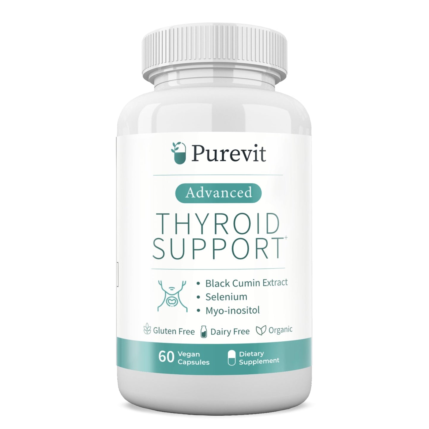 Purevit Advanced Thyroid Support Supplement Capsules with Black Cumin Extract, Selenium, Myo-inositol, 60 Count