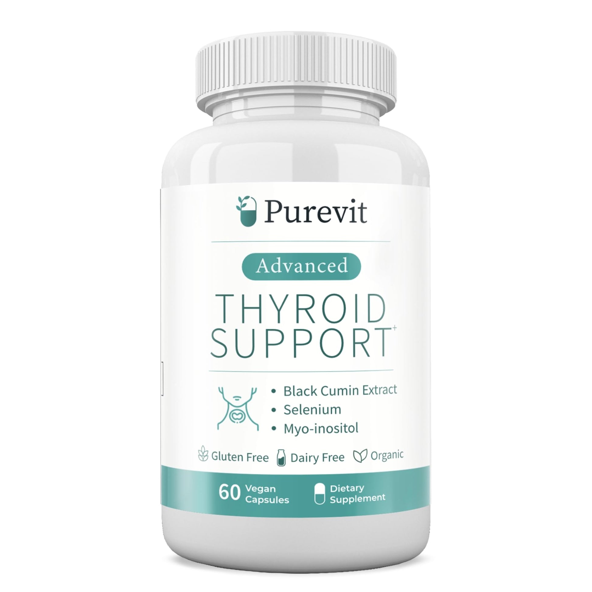 Purevit Advanced Thyroid Support Supplement Capsules with Black Cumin Extract, Selenium, Myo-inositol, 60 Count