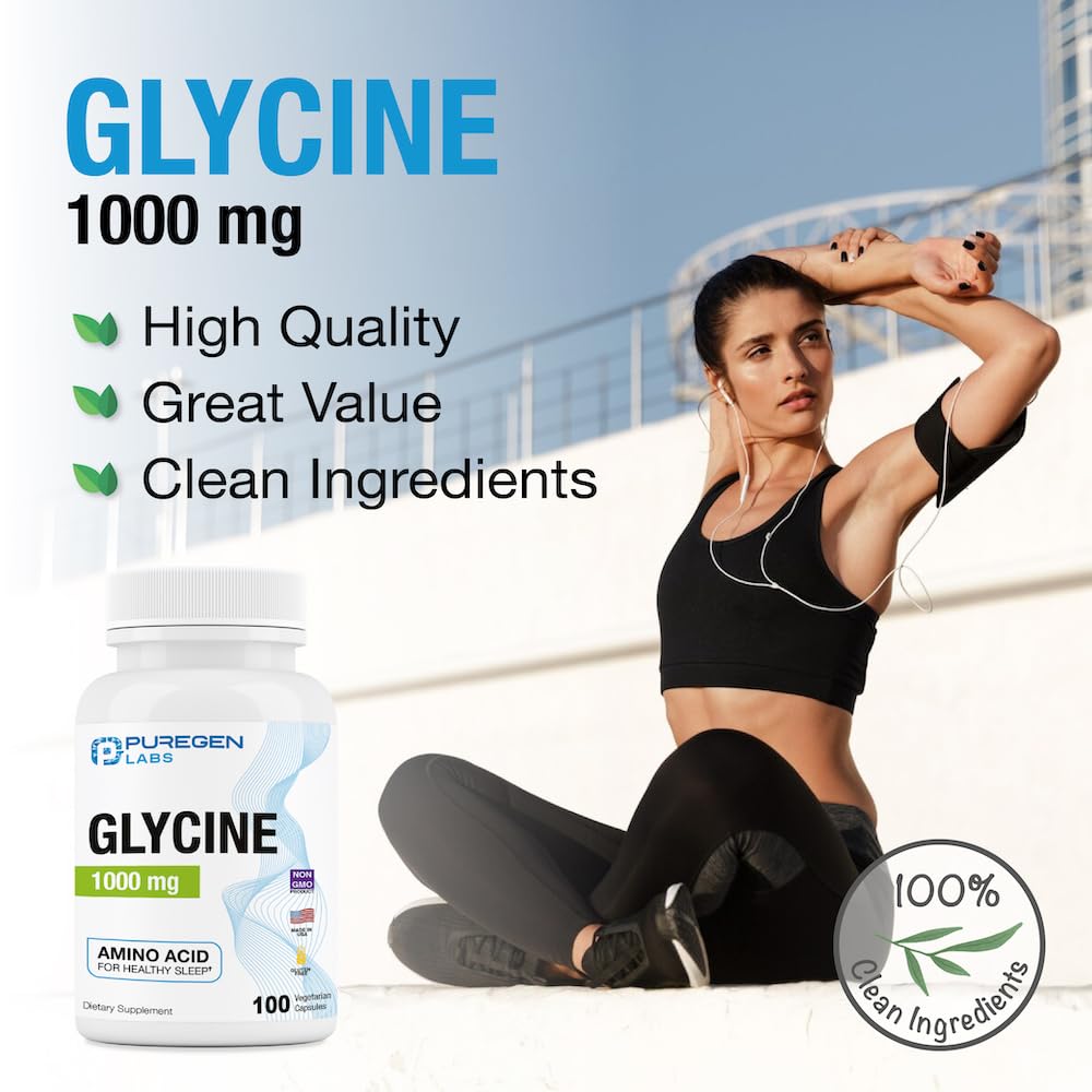 Puregen Labs Glycine 1000mg [High Potency] Total 300 Vegetarian Capsules, Promotes Healthy Rest | No Harmful Additives | Non-GMO, NO Gluten and Dairy | Made in USA