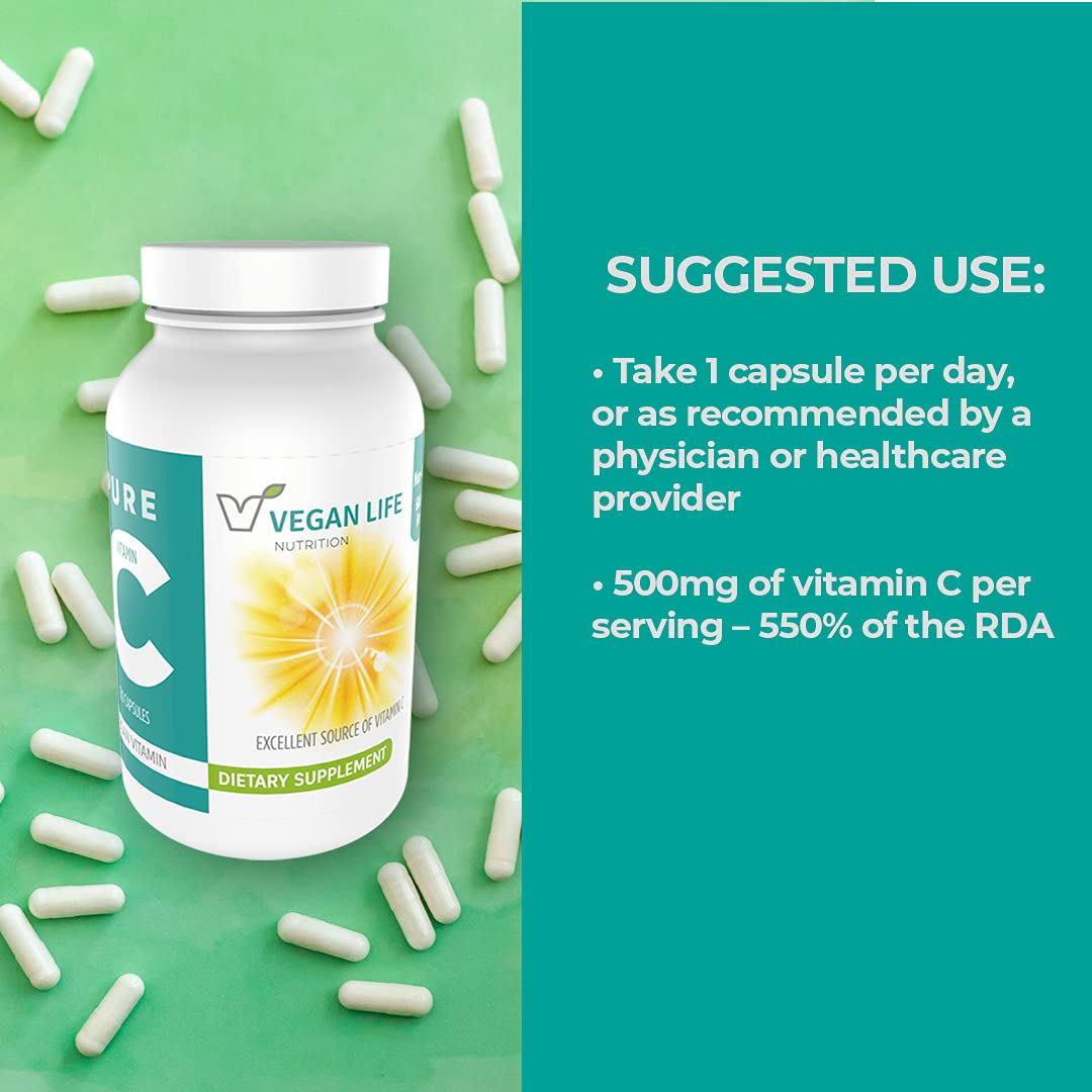 Vegan Life Nutrition Pure Vitamin C Supplement Capsule Gluten-Free, Non-GMO Immune Support and White Blood Cell Health 120 Capsules