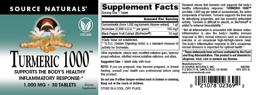 Source Naturals Turmeric 1000 1,000mg Tablet, 30 Tablets