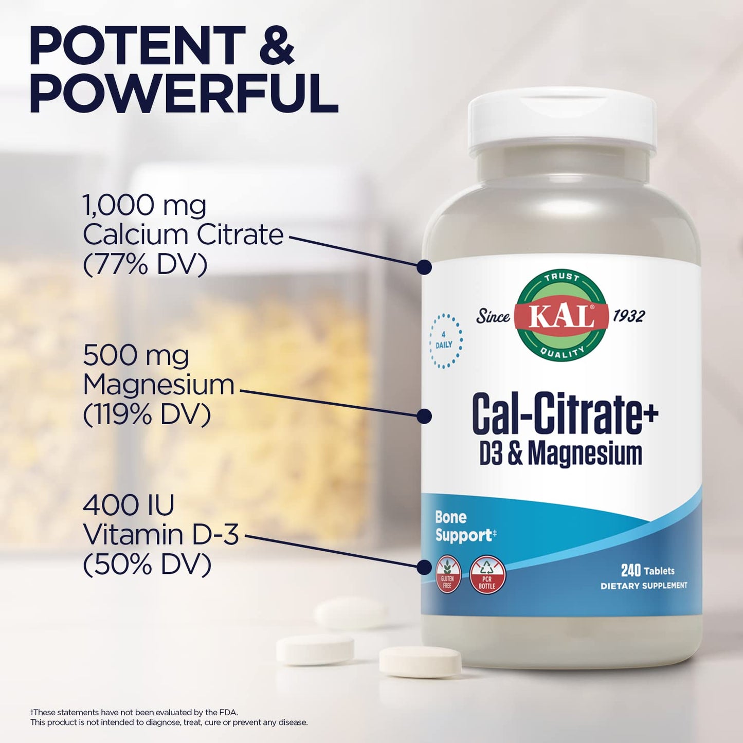 KAL Cal-Citrate+ Calcium Citrate Plus Vitamin D-3 and 500 mg Magnesium Tablets, 240 Count