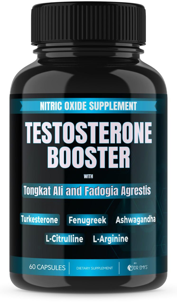 Dr. Emy's Testosterone Booster with Tongkat Ali, Fadogia Agrestis, Nitric Oxide, Ashwagandha, L-Arginine, Citrulline, Fenugreek, Turkesterone Pre-Workout Capsules, 60 Count