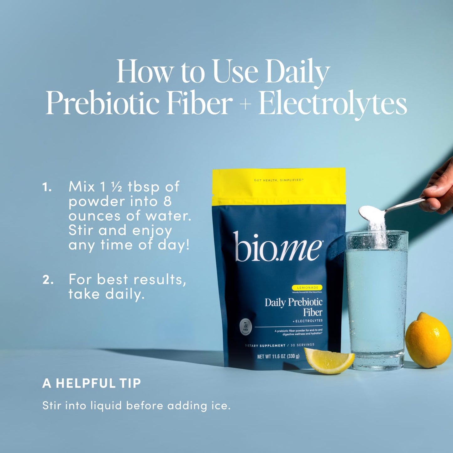 Bio.me Daily Prebiotic Fiber Lemonade with Electrolytes Powder, 30 Servings
