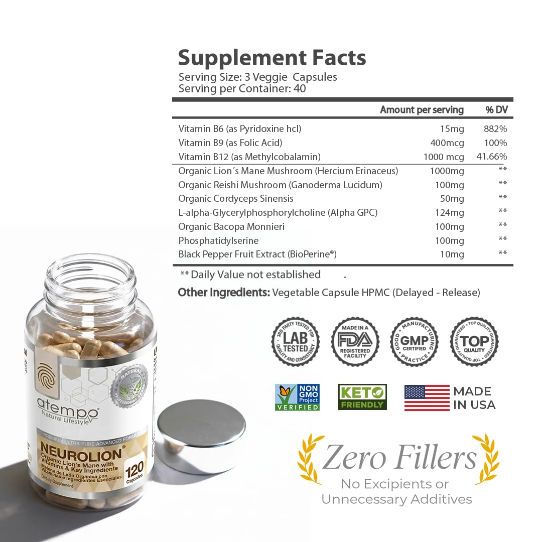 ATEMPO NATURAL LIFESTYLE Lion's Mane Mushroom Supplement for Brain Function, Immune System & Mental Clarity with Organic Lion’s Mane, Reishi & Cordyceps, 120 Capsules