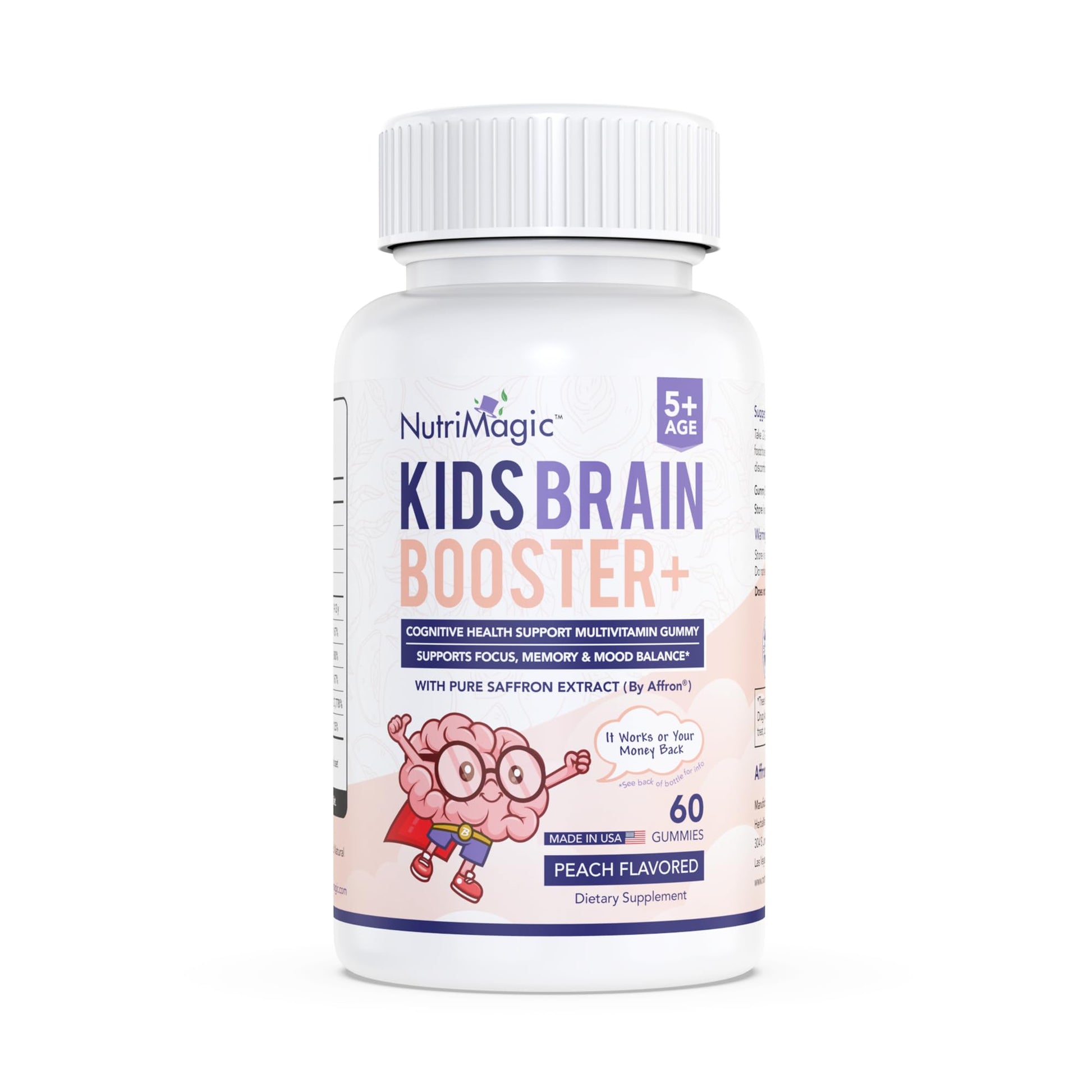 NutriMagic Kids Brain Booster+ Affron Saffron Extract 2IN1 Cognitive Support & Multivitamin D3, B6, B12, Zinc Gummies, 60 Count