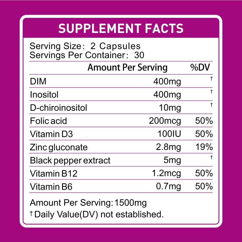 Natener 9-in-1 400mg DIM Supplement with 400mg Inositol, 10 mg D-chiroinositol, 200mg Folic Acid - Estrogen Balance for Women, Hormone & Metabolism Support, Ovarian Health Support 60 Capsules
