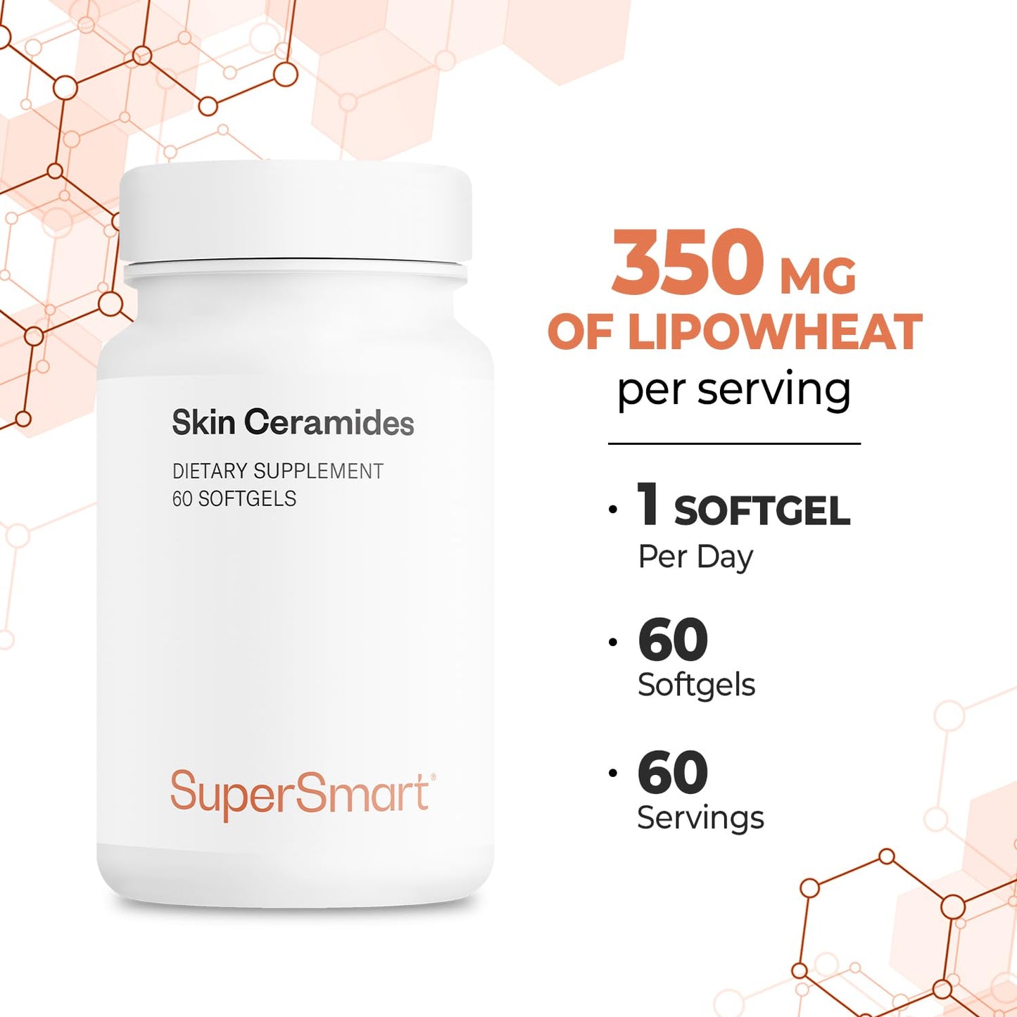 Supersmart Skin Ceramides (Patented) with Wheat Ceramides, Zinc - LipoWheat Phytoceramides Supplement - Skin Hydration & Protection, Non-GMO, 60 Softgels