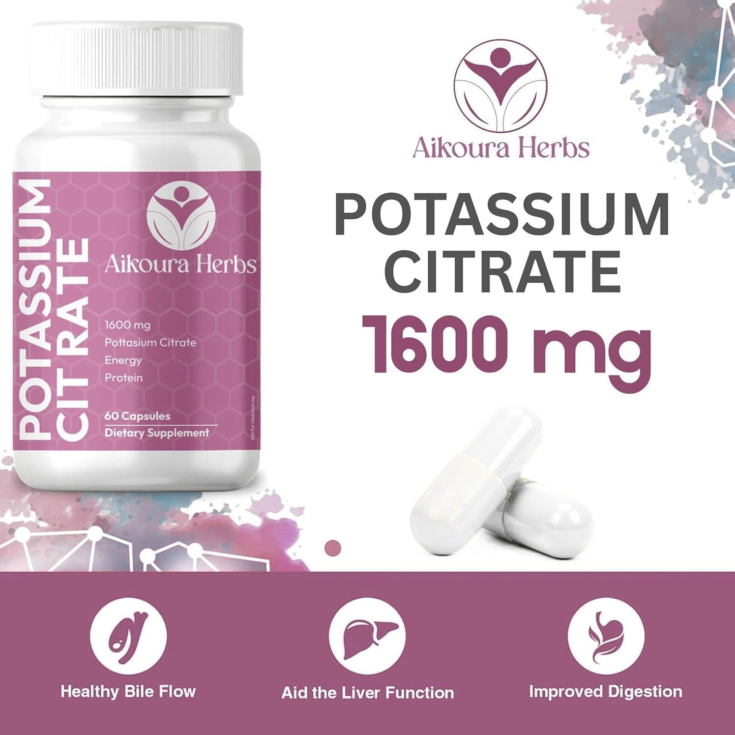 AIKOURA HERBS Potassium Citrate Capsules 1600 mg, 60 Vegan Capsules