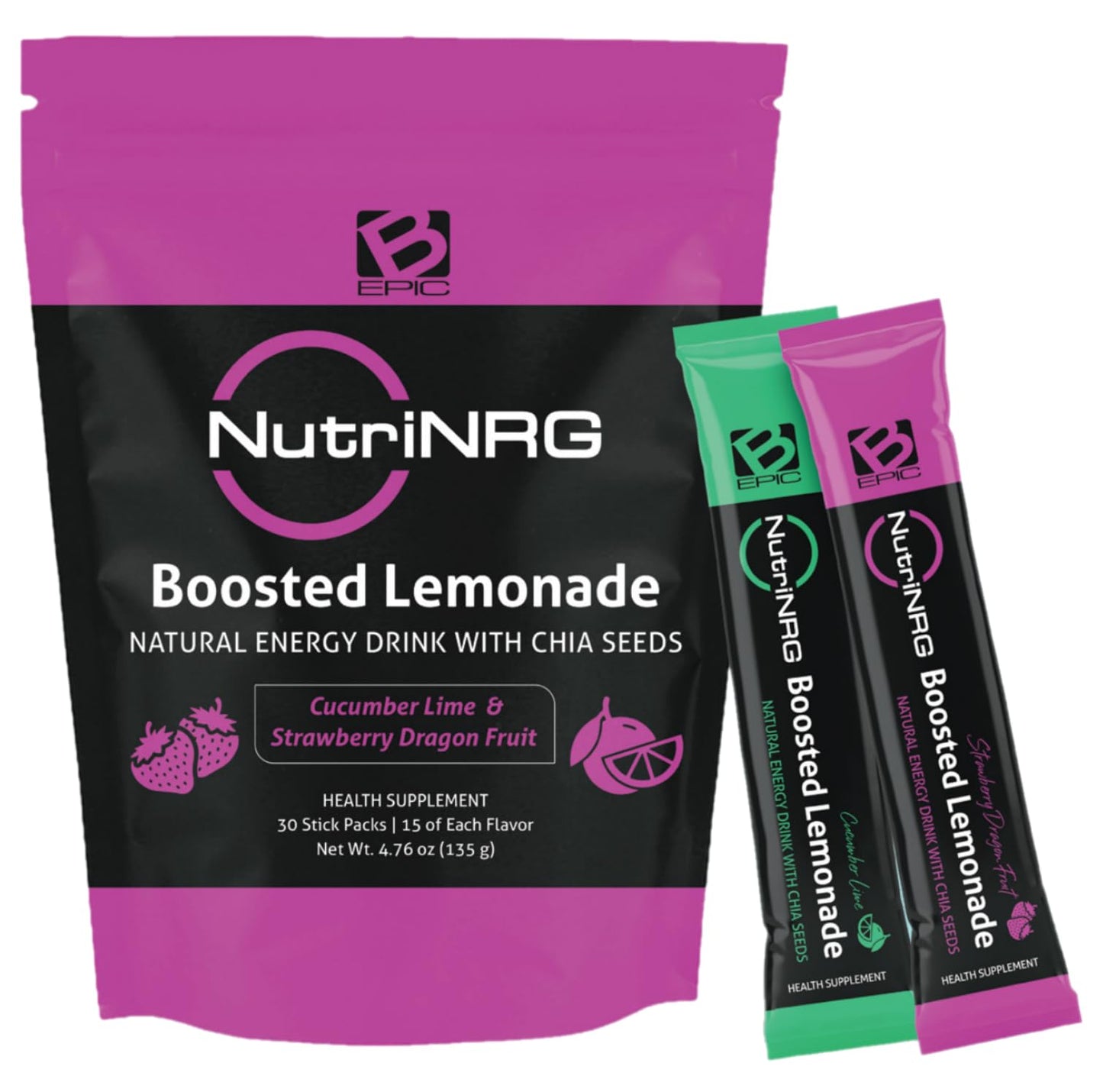 B-Epic NutriNRG Natural Energy Lemonade Powder Sticks, 30 Sticks