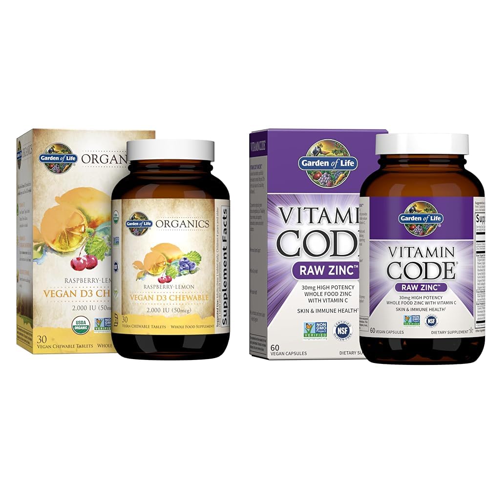 Garden of Life Organics Vegan Vitamin D3 Chewable Raspberry Lemon 2000 IU + Zinc 30 mg Raw Zinc Vitamin C Immune Health, 90 Chewables