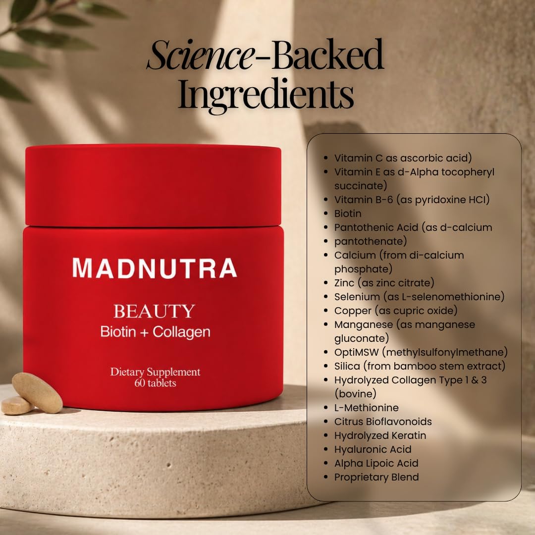 MadNutra Hair Skin Nails Vitamins - Biotin + Collagen Supplement, Vitamin C&E Complex for Healthy Hair Growth, Strong Nails & Glowing Skin - Premium Beauty Support Supplement for Women & Men Capsules, 60 Count