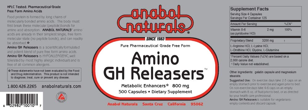 Anabol Naturals Amino GHReleasers Pre-Workout Amino Acid Supplement – MetaboEnhancer with L-Glutamine and L-Arginine for Lean Muscle, Capsules, 500
