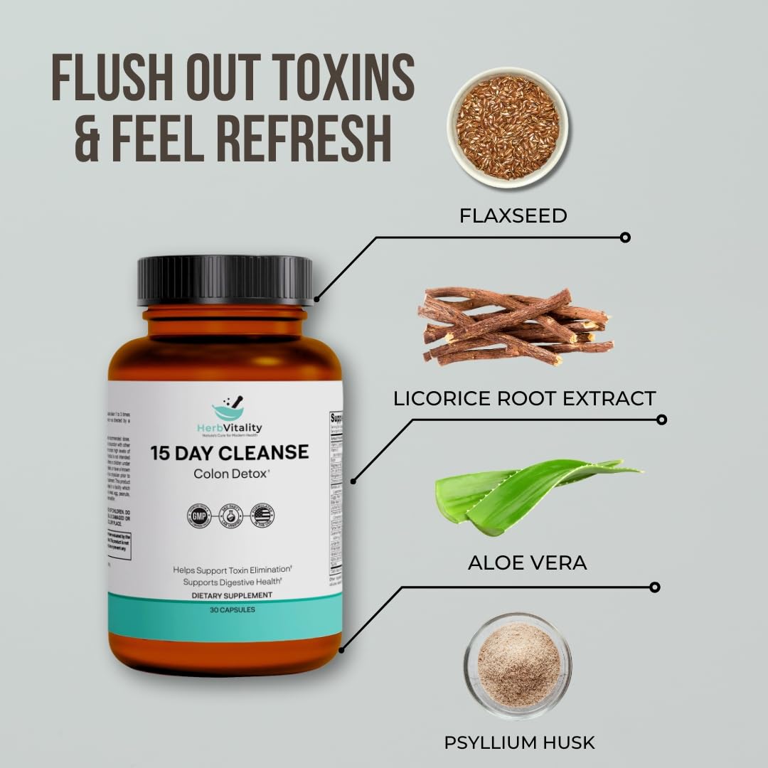Herb Vitality 15-Day Colon Cleanse – Detox & Gut Health Support with Probiotics, Aloe Vera, Licorice Root & Psyllium Husk – Supports Digestive, Immune, and Kidney Health for Men & Women, 30 Capsules