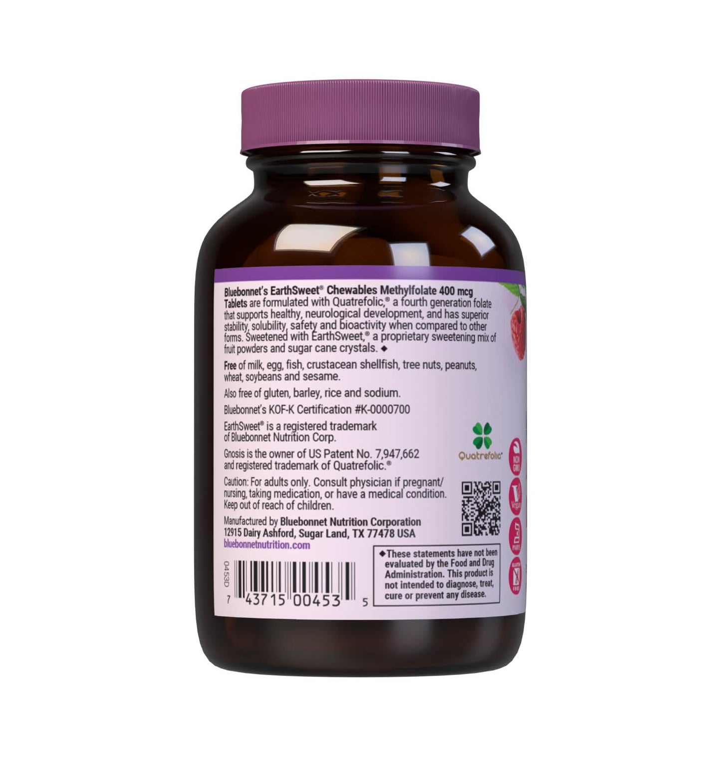 BlueBonnet EarthSweet Methylfolate 400 mcg Cellular Active Coenzyme 5-MTHF L Methyl Folate Supplement Chewable Tablets 90