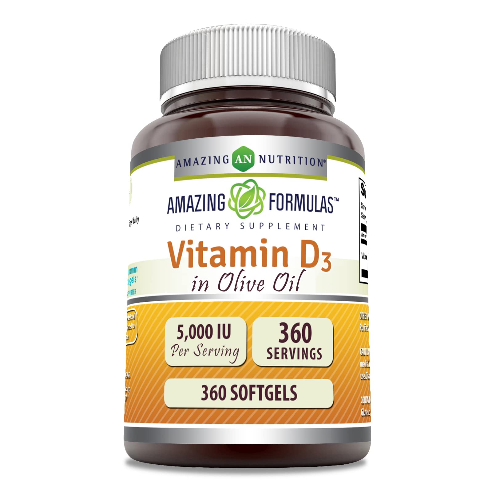Amazing Nutrition Vitamin D3 in Olive Oil 5000 IU Softgels, 360 Softgels