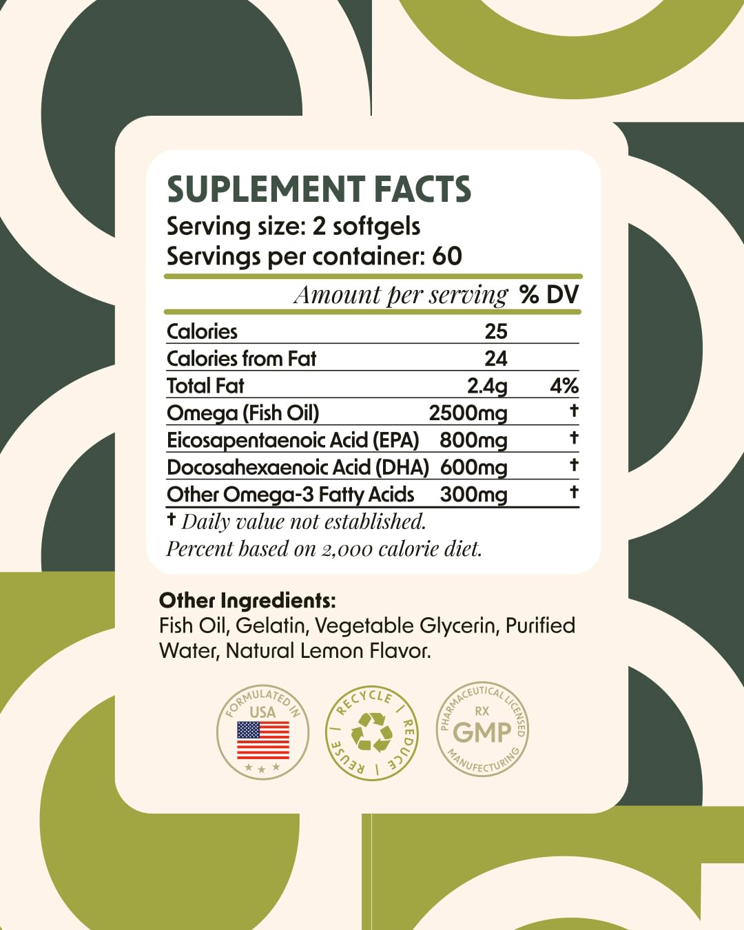 Alpha & Omega Nutrition Omega 3 Fish Oil for Heart, Brain & Immune Health 2500mg (800mg EPA/600mg DHA) Capsules, 1 Count