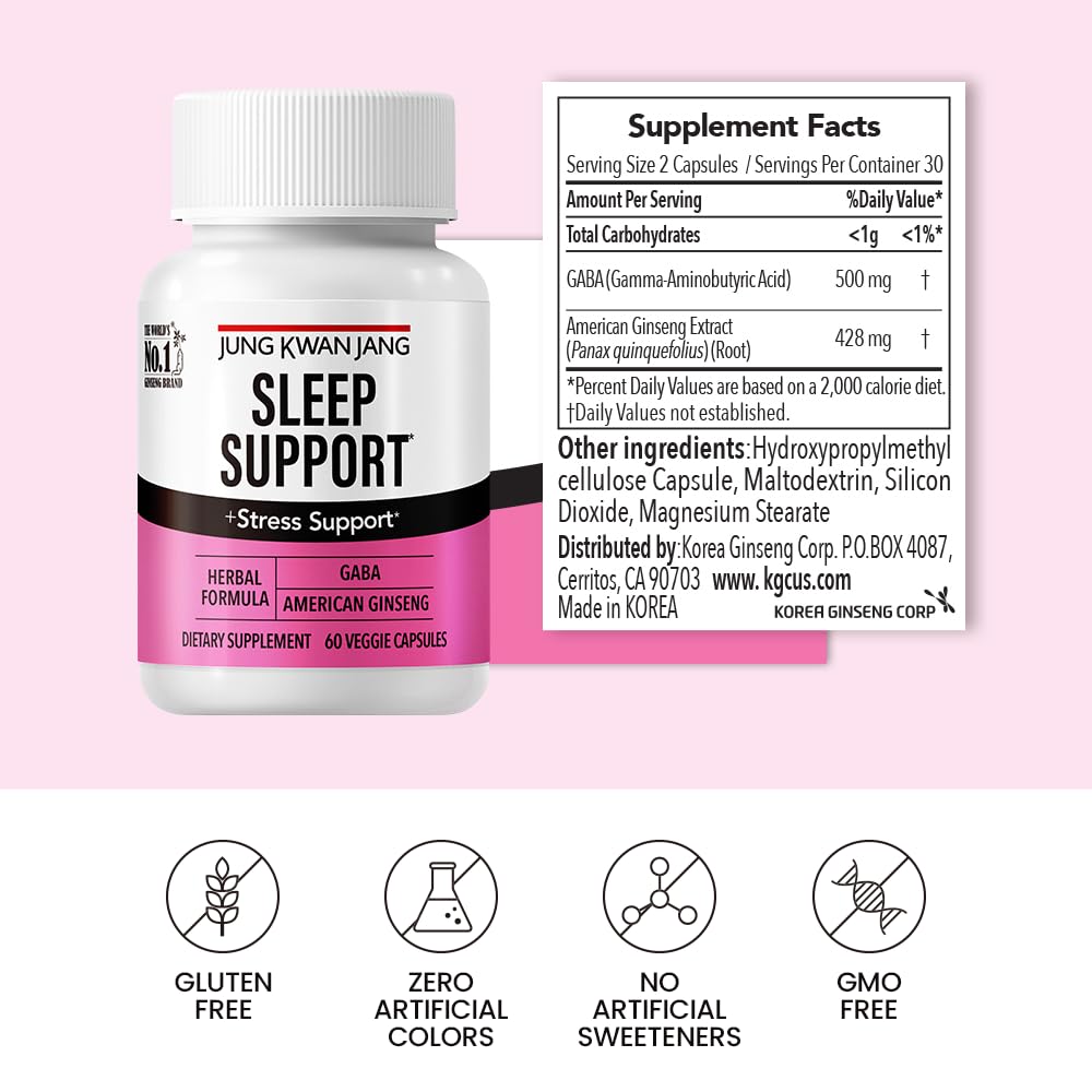 JUNG KWAN JANG Sleep Support GABA Complex 500mg with American Ginseng, 60 Capsules