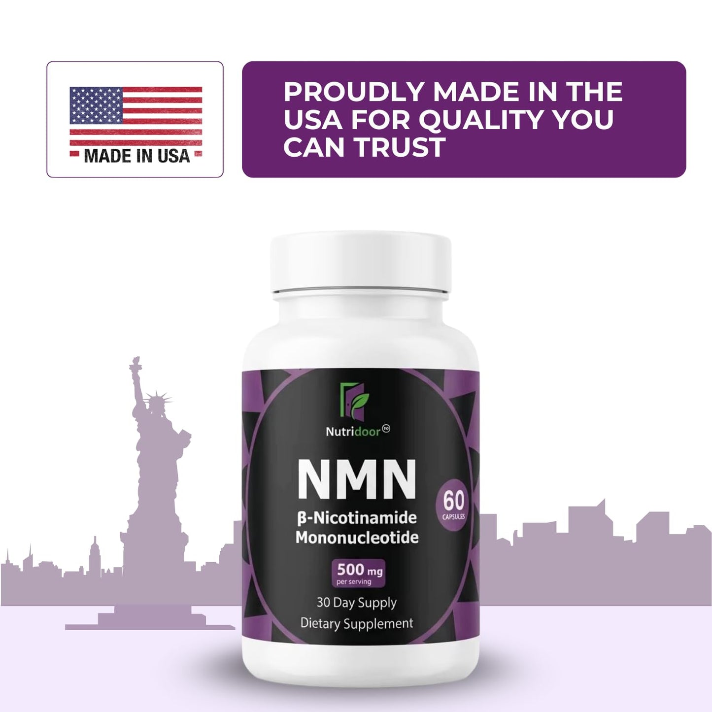 NUTRIDOOR NMN Supplement 500mg Nicotinamide Mononucleotide NAD+ Booster for Anti-Aging & Cellular Energy Capsule 60 Capsules