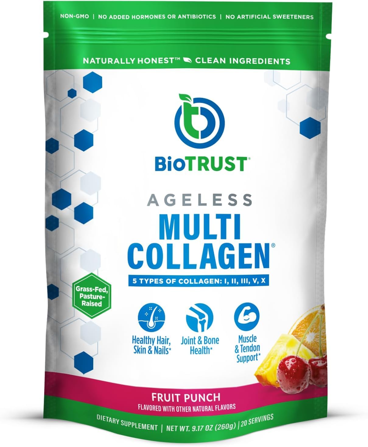 BioTrust Ageless Multi Collagen Peptides Powder - 5 Types (I, II, III, V, X) - Fruit Punch - 20 Servings