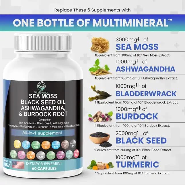 VitalBlends Sea Moss 3000mg Black Seed Oil 2000mg Ashwagandha 1000mg Turmeric 1000mg Bladderwrack 1000mg Burdock 1000mg & Vitamin C & D3 with Elderberry Capsules, 60 Count
