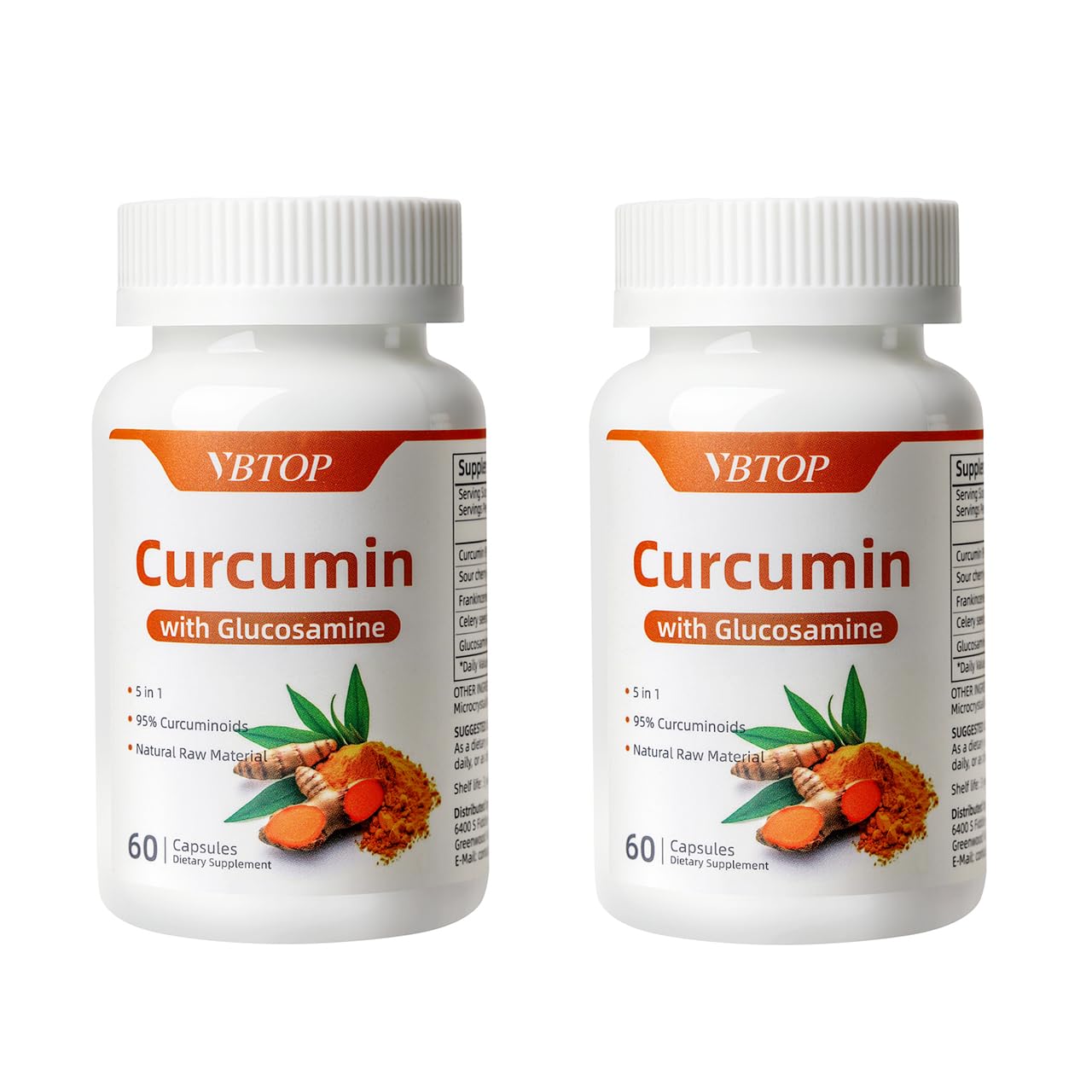 VBTOP Curcumin 95% with Glucosamine, 5-in-1 Joint Support Supplement with Sour Cherry, Frankincense & Celery Seed Capsules 120