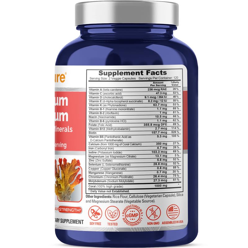 NusaPure Coral Calcium with 22 Vitamins & Minerals, Non-GMO, 1000 mg, 240 Capsules