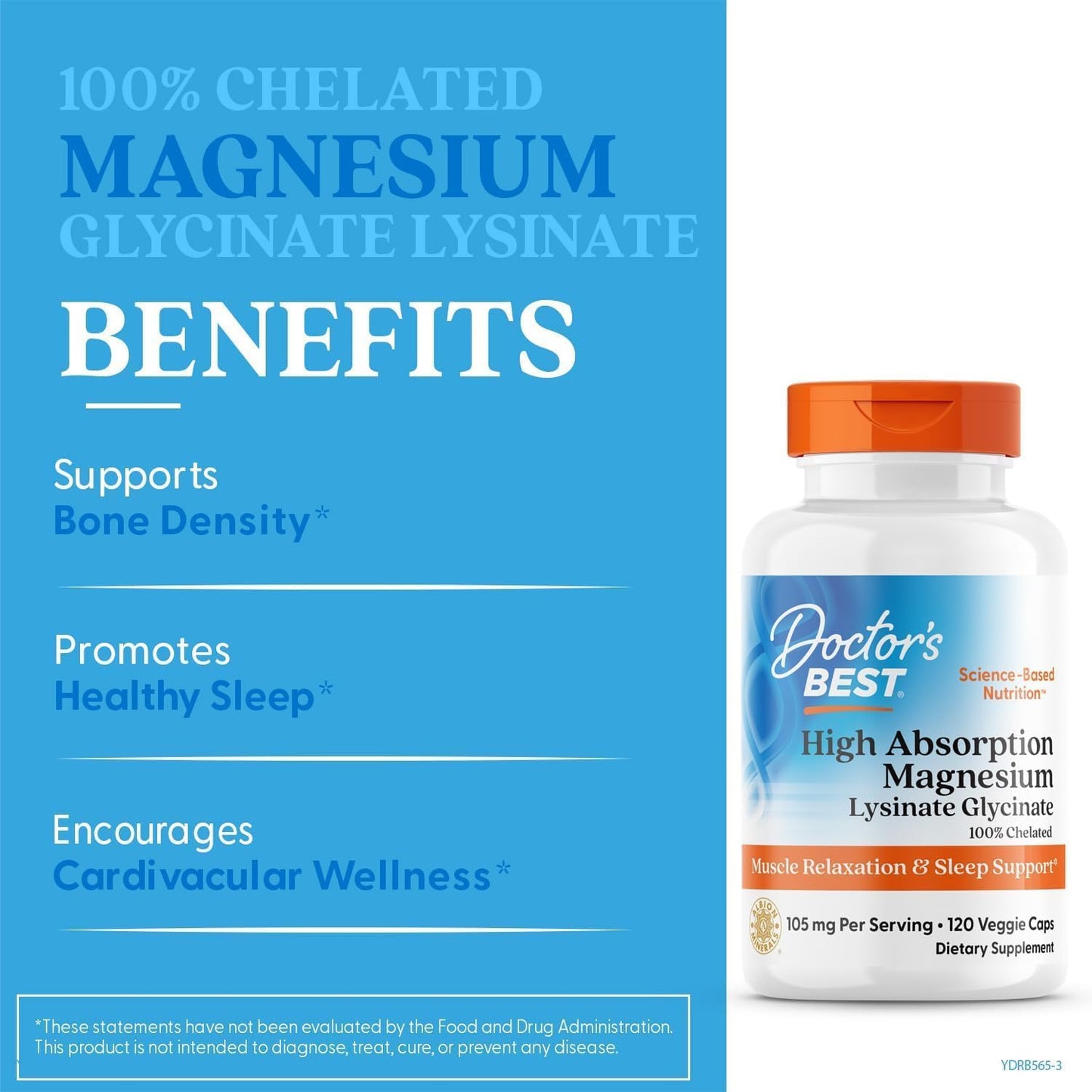 Doctor's Best High Absorption Magnesium Glycinate Lysinate Chelated Magnesium Supplement for Sleep Support - Capsules, 105 mg per Serving, Calm Support, Vegan - 120 Veg Caps