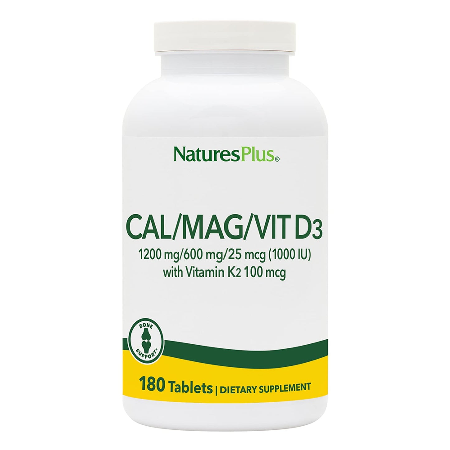 NaturesPlus Calcium/Magnesium/Vitamin D3 with Vitamin K2 Tablets, 180 Tablets
