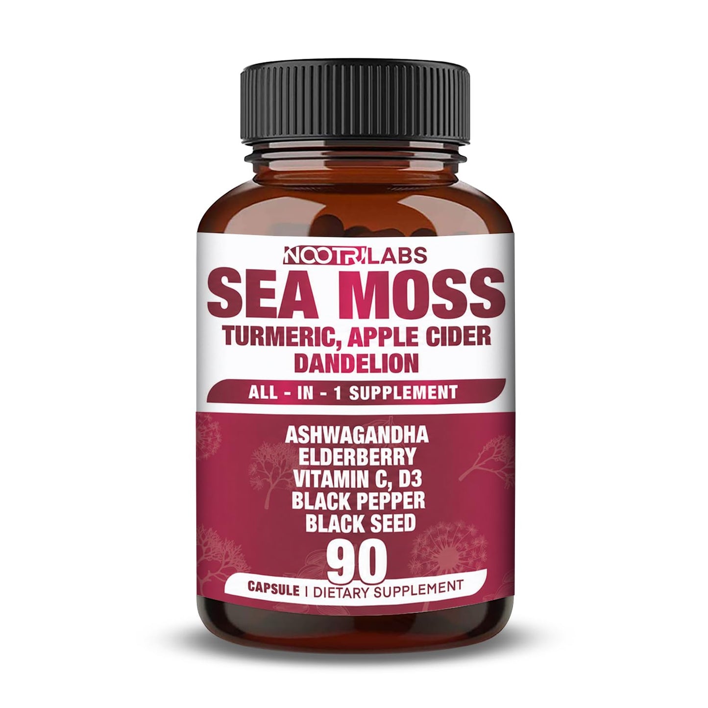 Nootrilabs Naturals All-in-1 Highest Potency Sea Moss, Black Seed, Ashwagandha, Turmeric, Apple Cider Vinegar, Dandelion with Elderberry, Vitamin C & D3 - Immune, Energy Support Supplement 90 Capsules