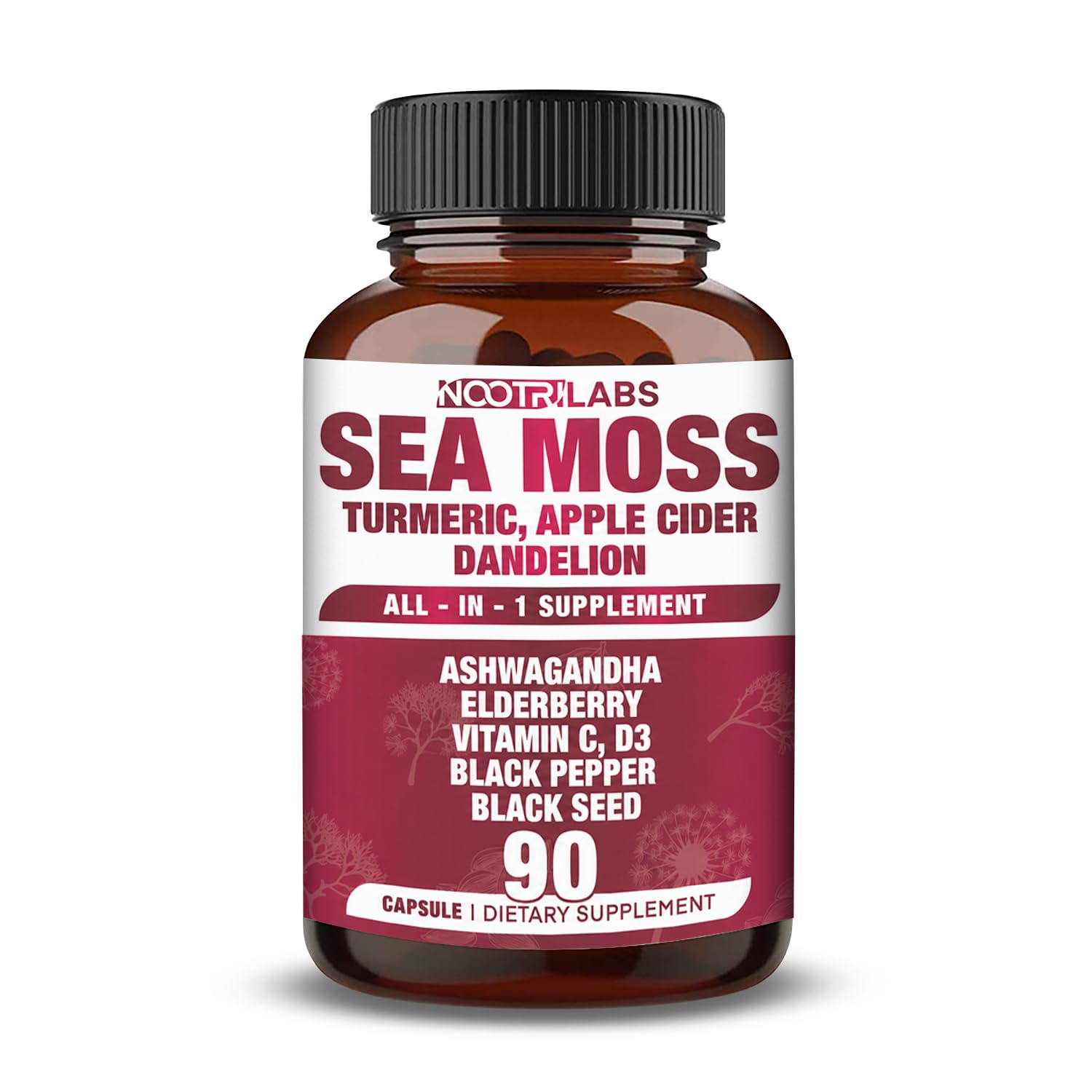 Nootrilabs Naturals All-in-1 Highest Potency Sea Moss, Black Seed, Ashwagandha, Turmeric, Apple Cider Vinegar, Dandelion with Elderberry, Vitamin C & D3 - Immune, Energy Support Supplement 90 Capsules