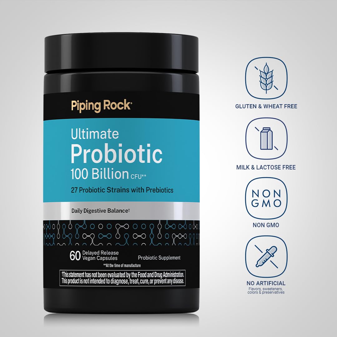 Piping Rock Ultimate Probiotic 100 Billion CFU | 27 Probiotic and Prebiotic Strains for Digestive Balance 60 Capsules