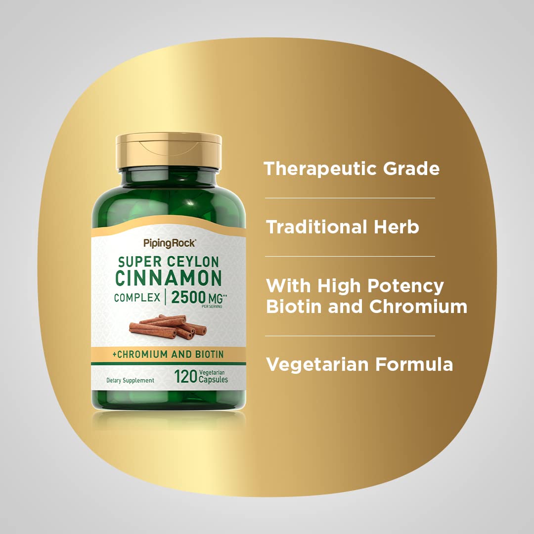 Piping Rock Ceylon Cinnamon Capsules 2500 mg | 120 Pills | Complex Supplement with Chromium and Biotin | Vegetarian, Non-GMO, Gluten Free (Pack of 2)