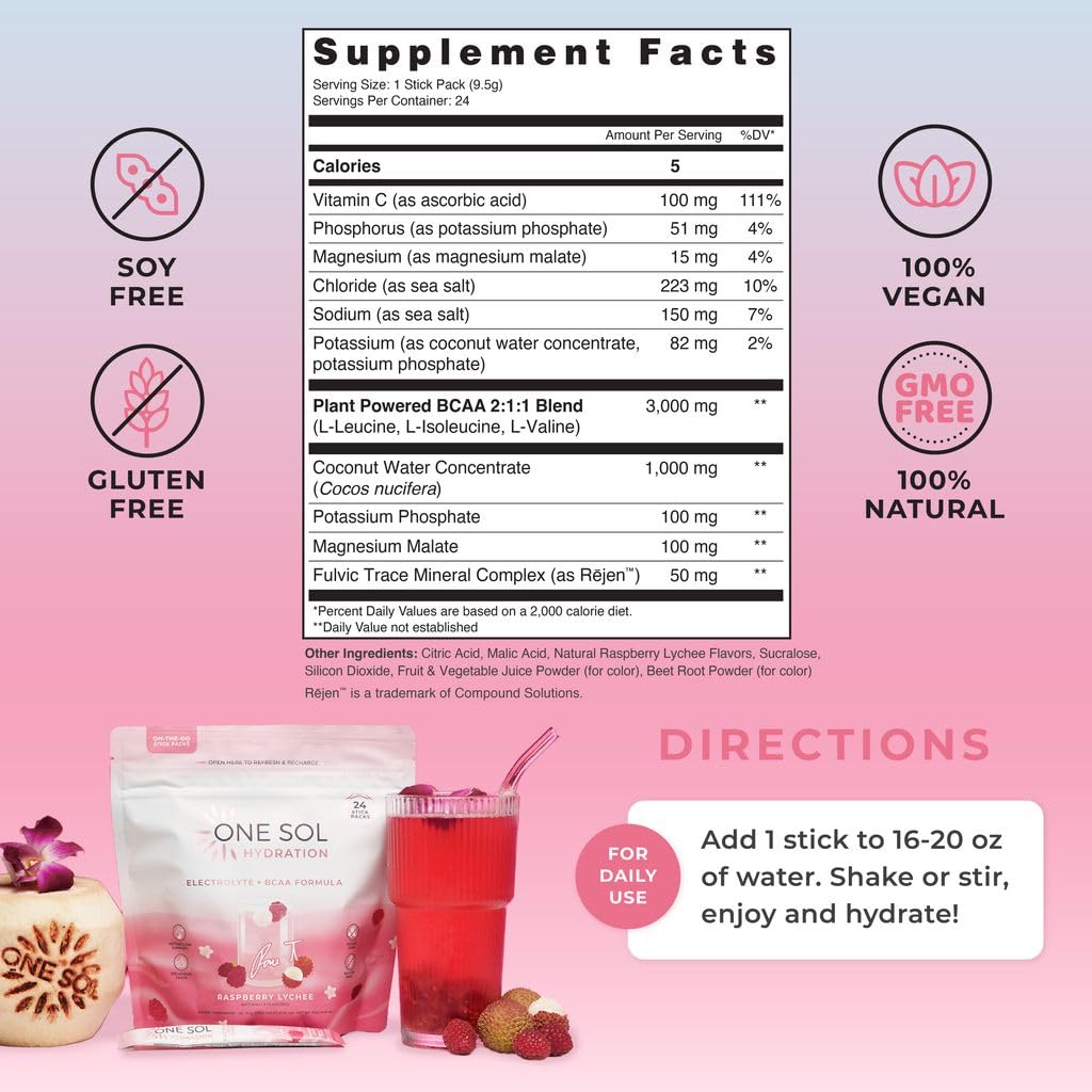 One Sol BCAA + Electrolytes for Hydration & Recovery Raspberry Lychee Powder 0.7 oz