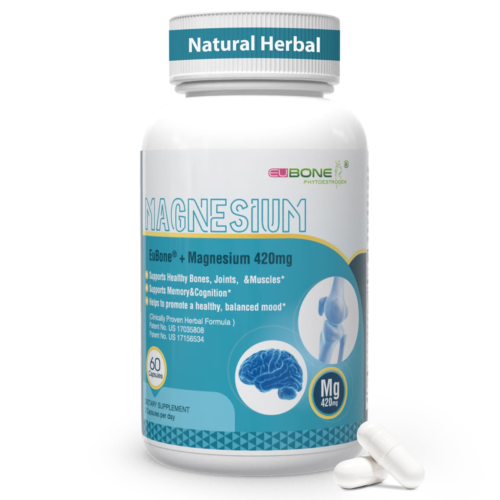 PureBotan Magnesium Oxide and Glycinate Extra Strength 420mg High Absorption Magnesium Supplement with EuBone and Manganese, 60 Capsules