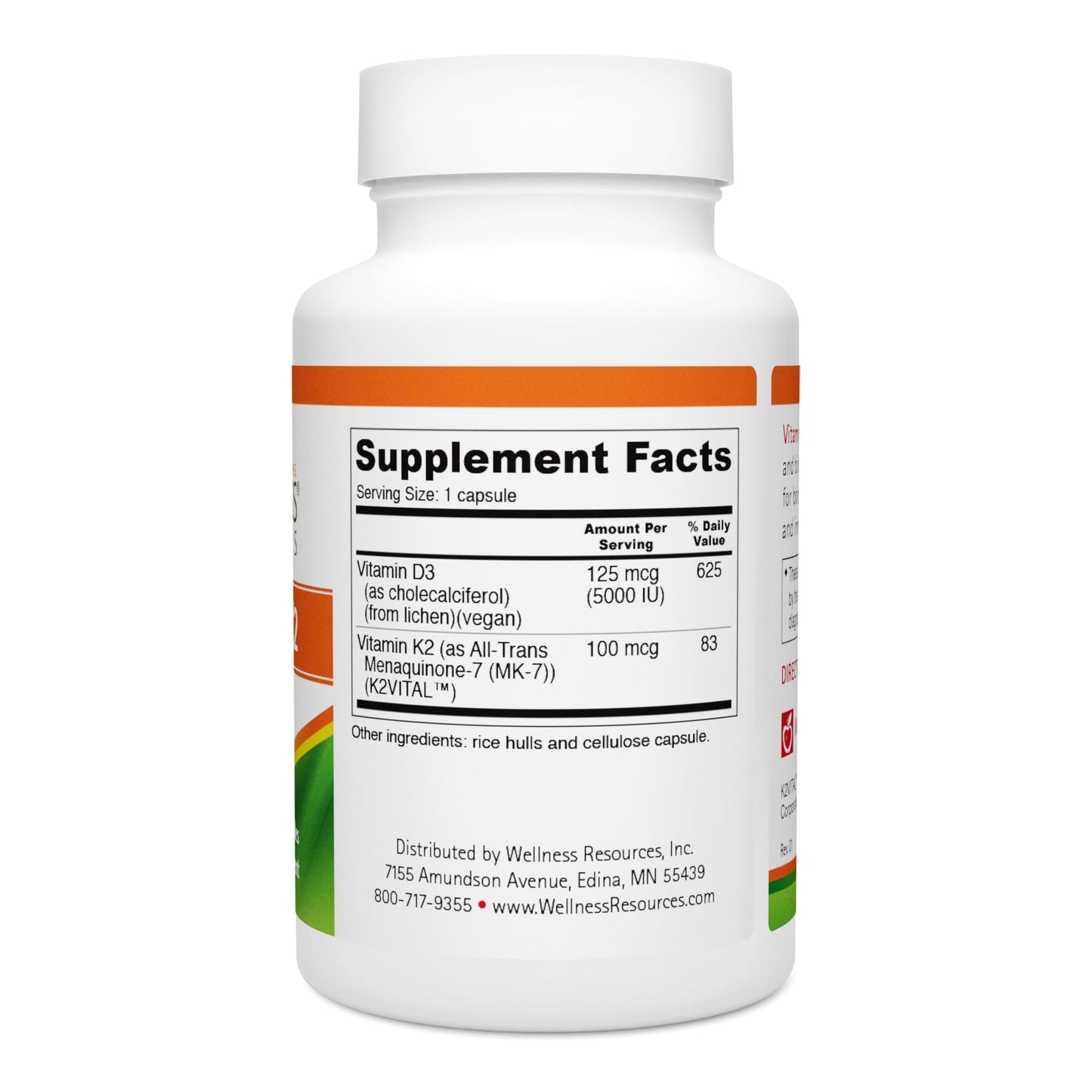 Wellness Resources Vegan Vitamin D3 5000 IU and Vitamin K2 100 mcg 2-in-1 D3 K2 MK-7 Capsule, 60 Capsules