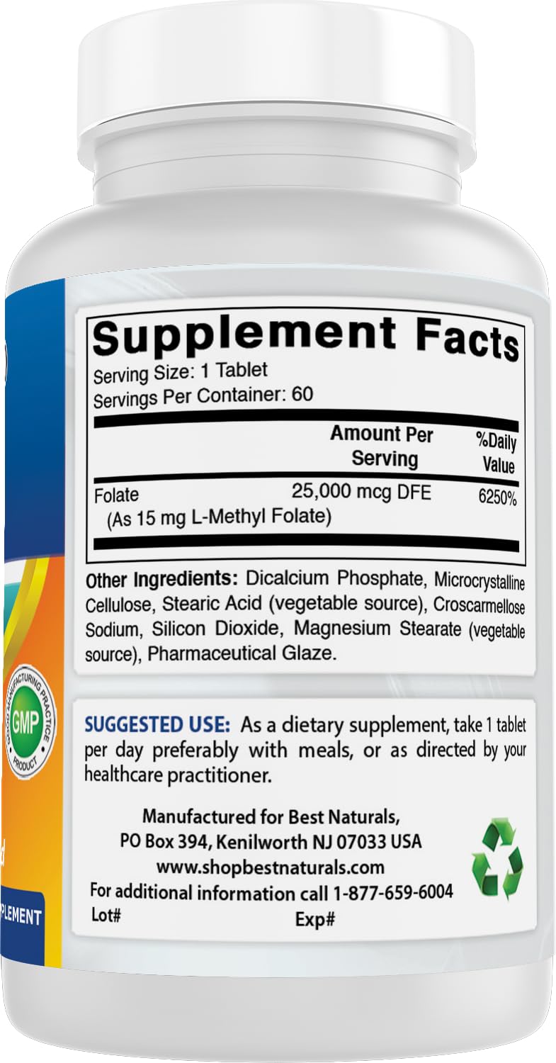 Best Naturals Methyl Folate 15000 mcg (15mg) (Most Bio-Available) Tablets, 60 Count