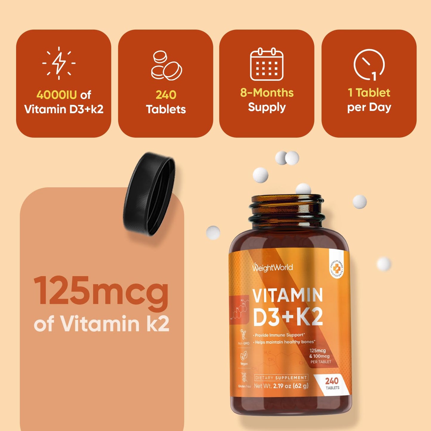WeightWorld D3 Vitamin 4000 IU + K2 (MK-7) 125mcg 240 Tablets