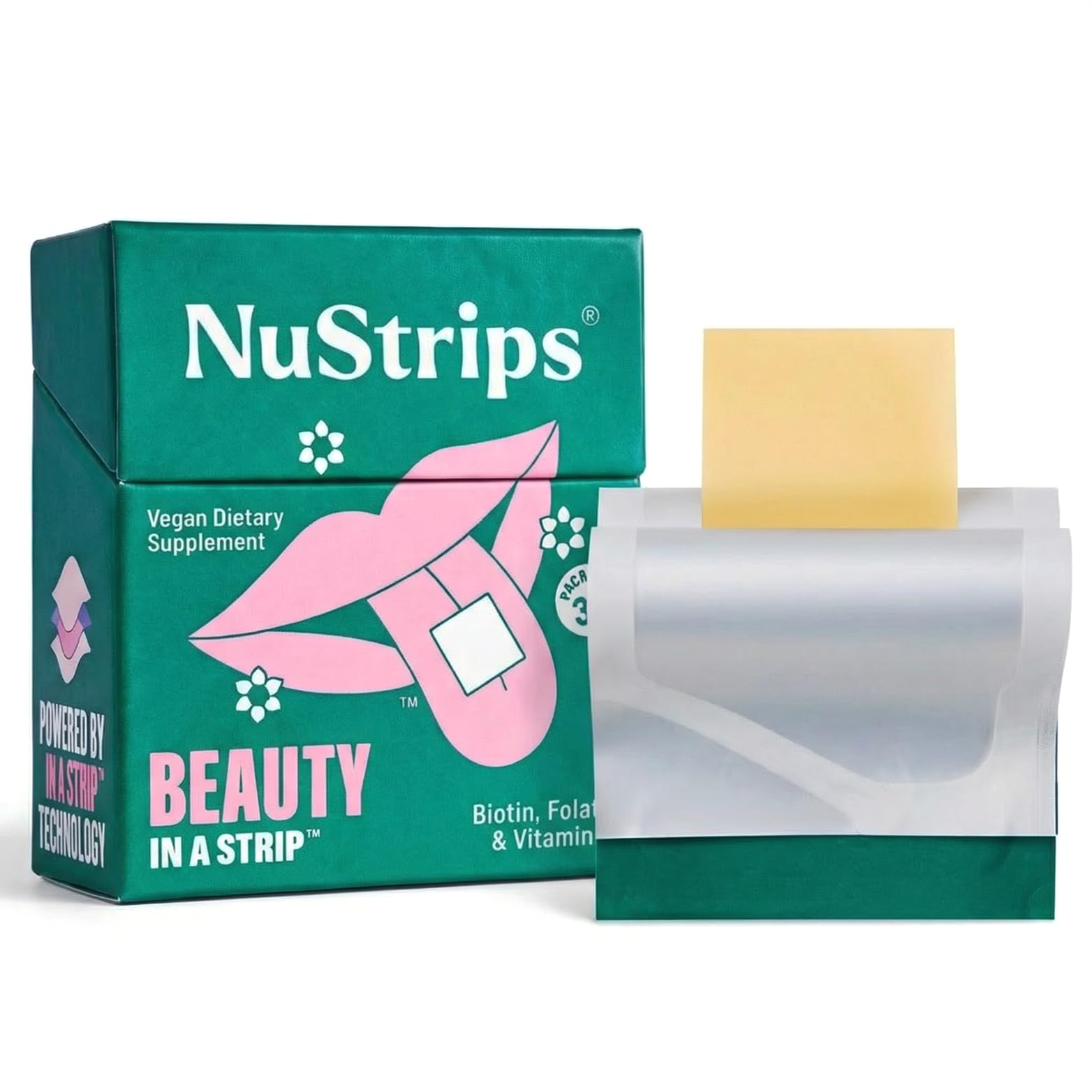NuStrips Chewable Beauty Strips with Biotin, Folate & Vitamin E – Hair, Skin & Nails Supplement – Supports Hair Growth & Reduces Hair Fall – Non-GMO, Vegan – Delicious Strawberry, 30 Strips