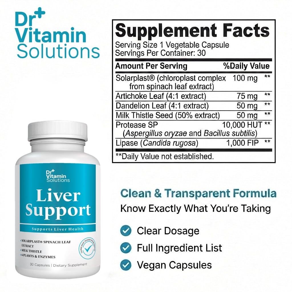 DR VITAMIN SOLUTIONS Liver Cleanse Detox and Repair Milk Thistle Supplement with Chlorophyll, Digestive Enzymes, Artichoke & Dandelion for Natural Gallbladder Support, 30 Capsules