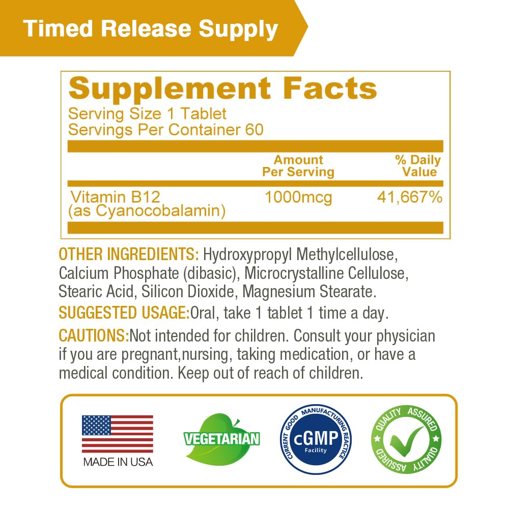LOVITA Sustained-Release Vitamin B12 1000 mcg (as Cyanocobalamin), Timed Release, 180 Tablets