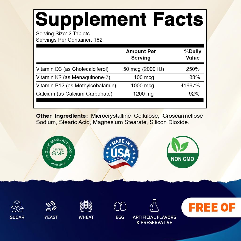 Vitamatic Calcium Supplement 1200mg with D3, K2 & B12, Immune & Bone Health Support 730 Tablets