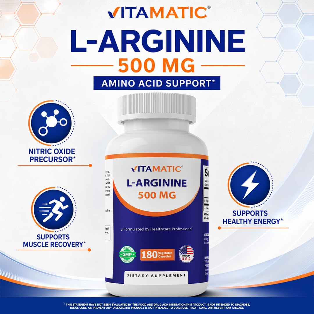 Vitamatic L-Arginine 500mg Capsules, 180 Count