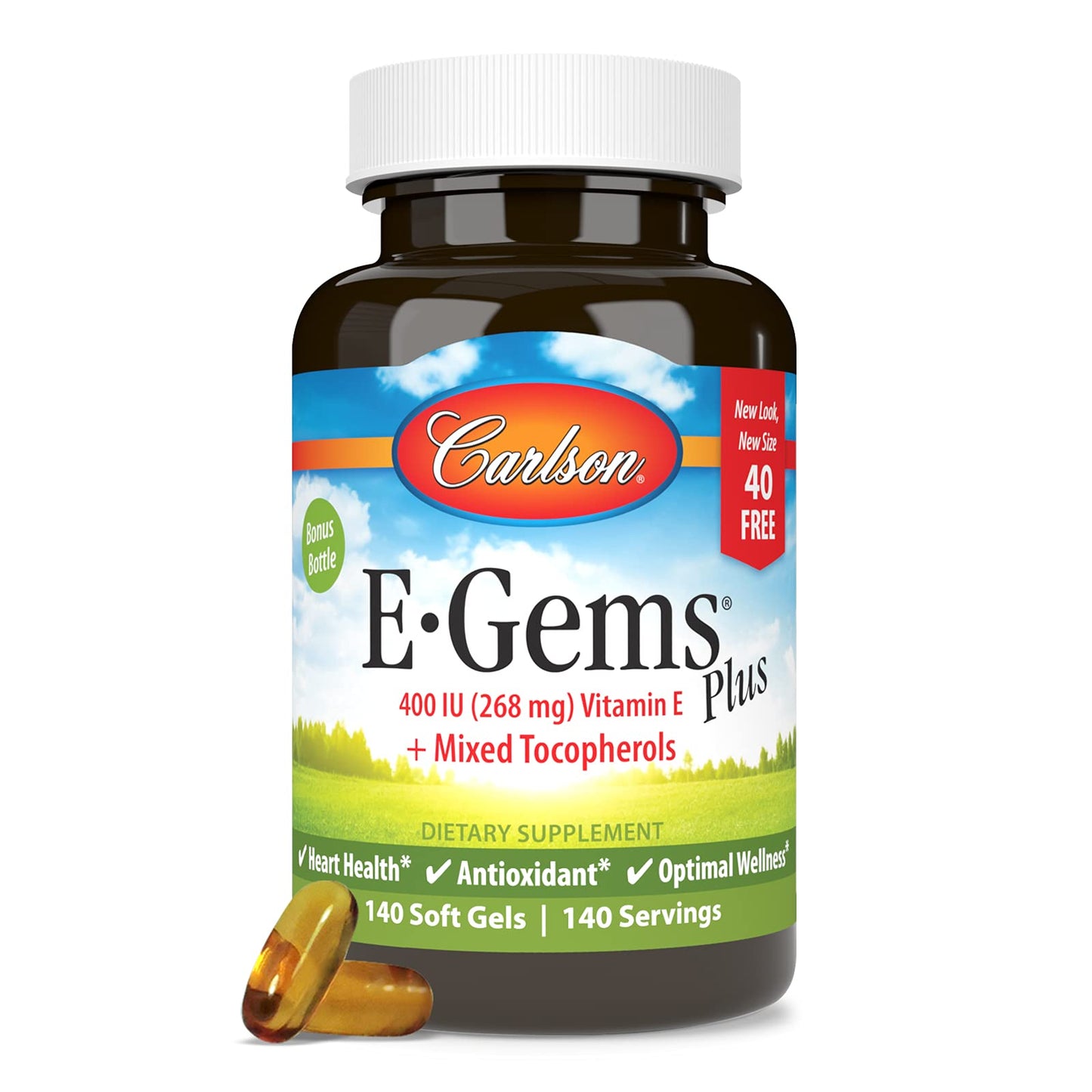 Carlson E-Gems Plus 400 IU Natural-Source Vitamin E Softgels, 140 Softgels