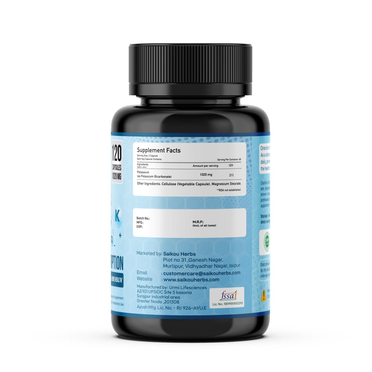 SAIKOU HERBS Potassium Supplement 1020mg High Absorption Potassium Bicarbonate Capsules, 120 Capsules