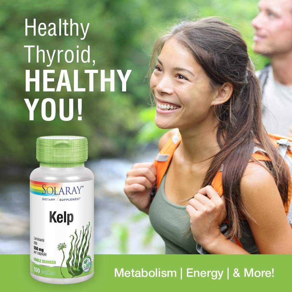 Solaray Kelp 550 mg with Folic Acid for Healthy Thyroid Function, Energy & Metabolism Support, Non-GMO, Capsules, 100 Count