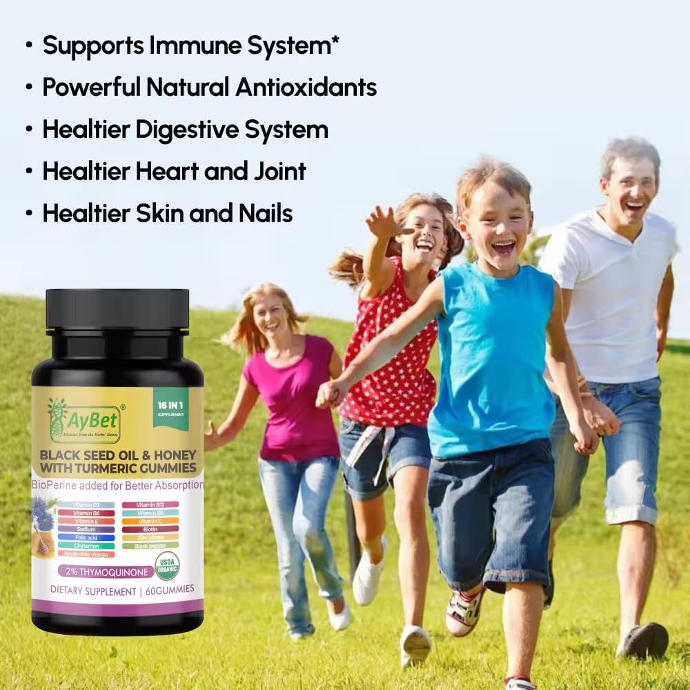 AyBet Black Seed Oil & Honey Gummies with Turmeric – 16-in-1 Supplement with Vitamins D3, B12, Biotin & Zinc – 2% Thymoquinone – USDA Organic, Halal, Vegan, Non-GMO, 60 Gummies