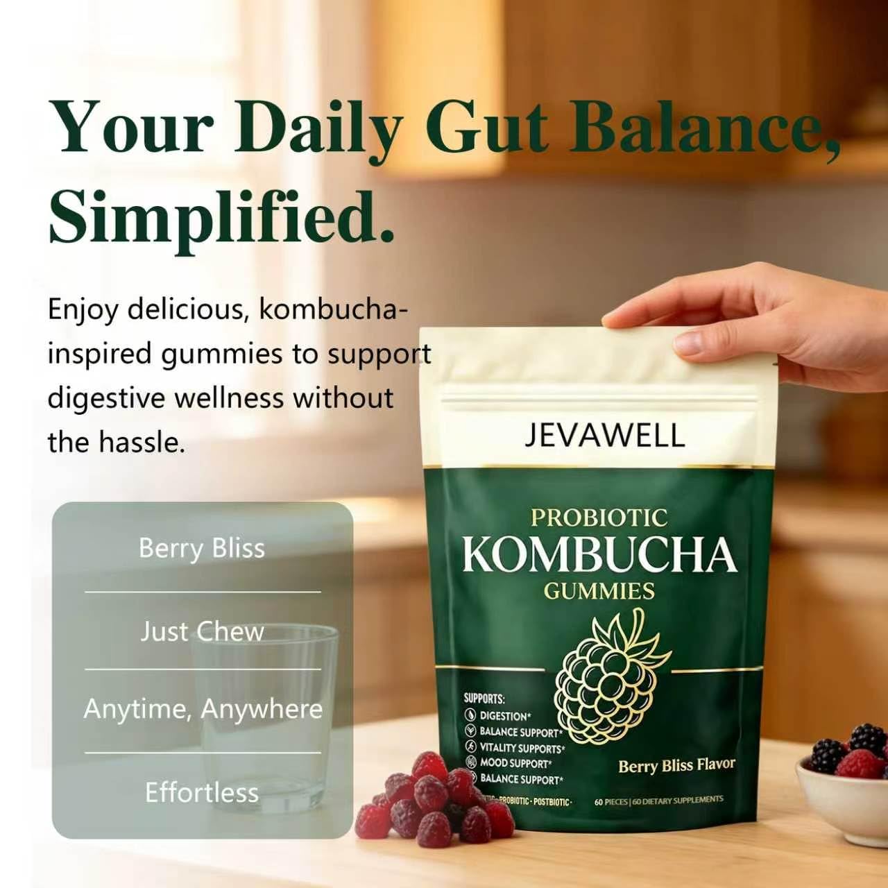 qxv Jevawell Probiotic Kombucha Gummies Berry Flavor, 60 Gummies