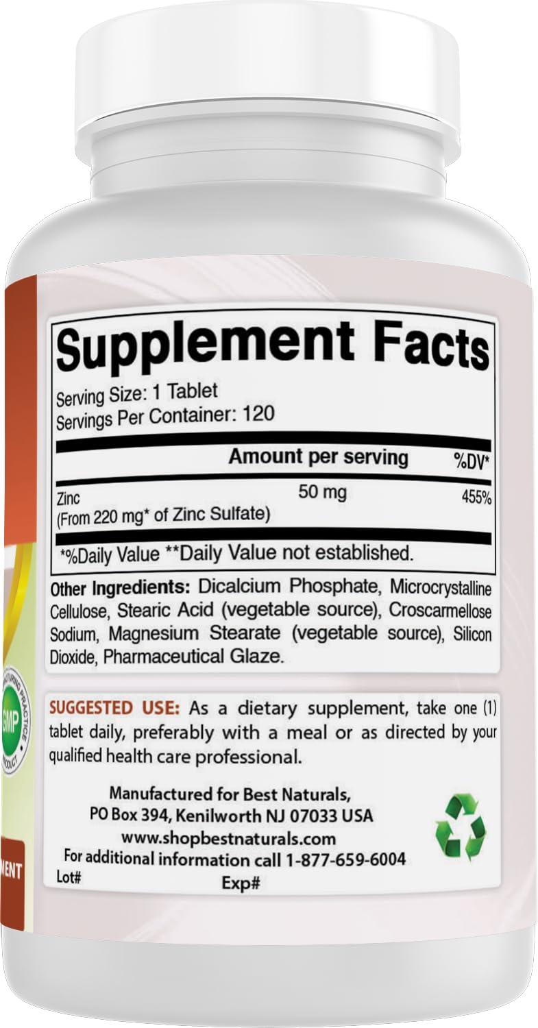 Best Naturals Zinc Sulfate 220 mg Tablets, 120 Tablets